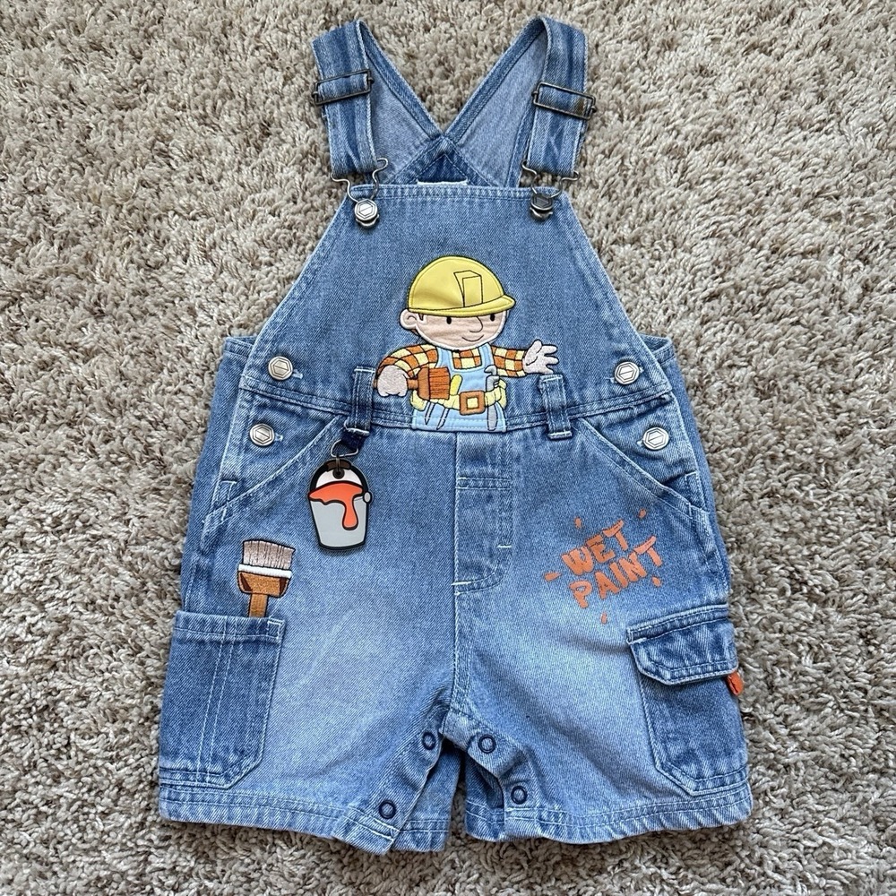 Vintage Bob The Builder Denim Overalls Shortalls 18M Y2K Cartoon 100% Cotton
